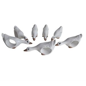 White Hand Painted Ceramic Goose Napkin Rings x 7